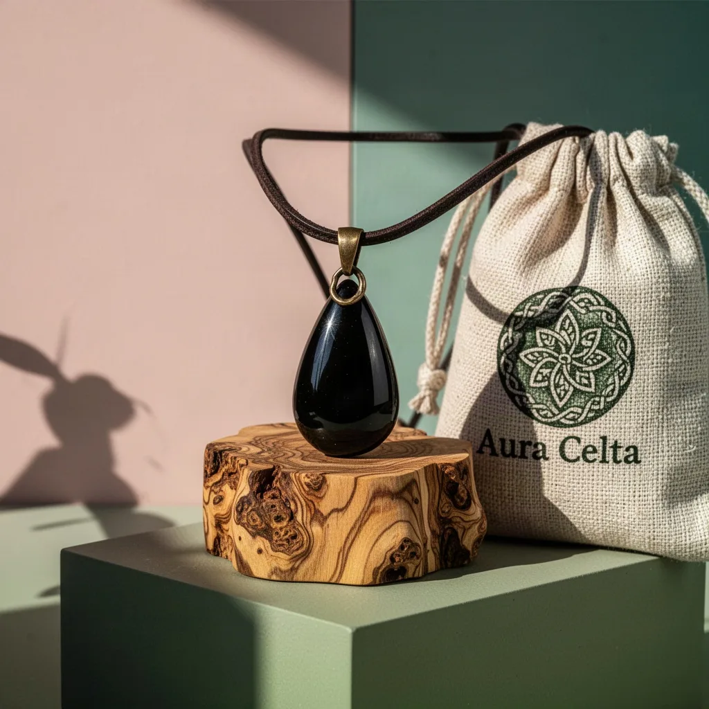 Amuleto de Obsidiana y Cuero Encerado Aura Celta