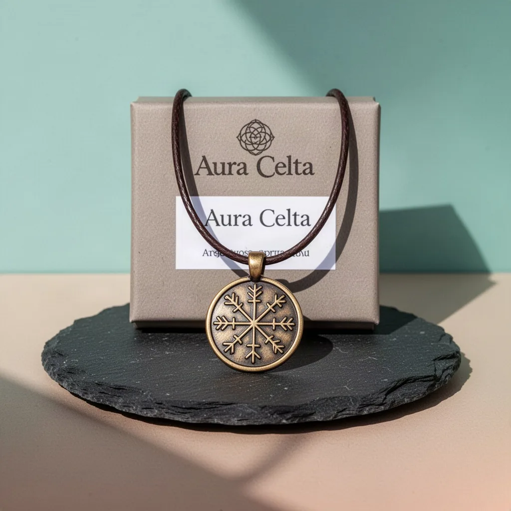 Colgante Rúnico Vegvísir en Bronce y Cuero Aura Celta